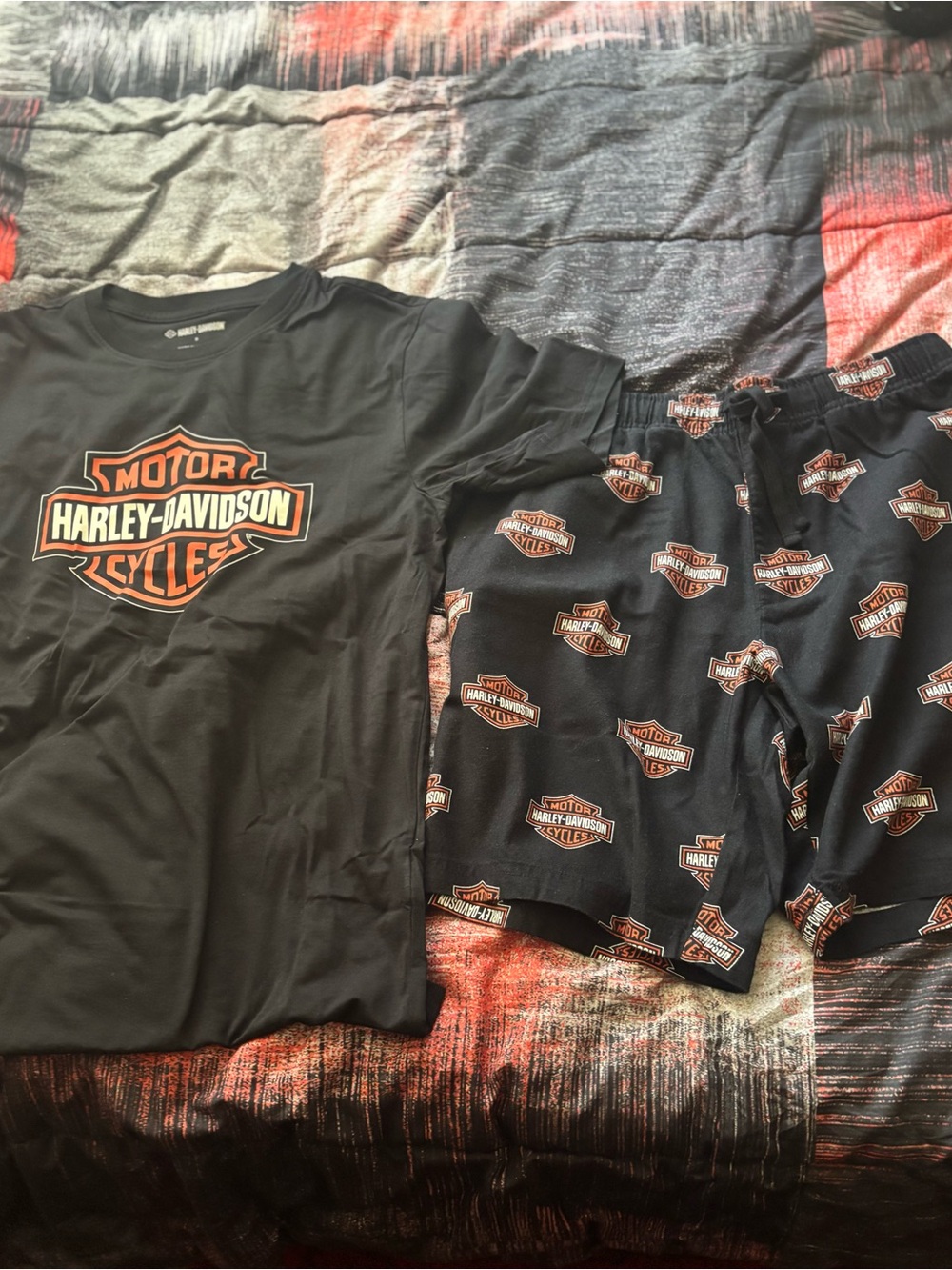 Harley-Davidson Black Tee & Shorts Set with Orange Logo-Small
